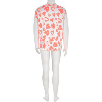 Girls fluro coral heart sweatshirt pyjama set